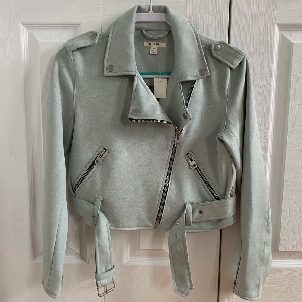 Mint green faux suede moto/biker jacket